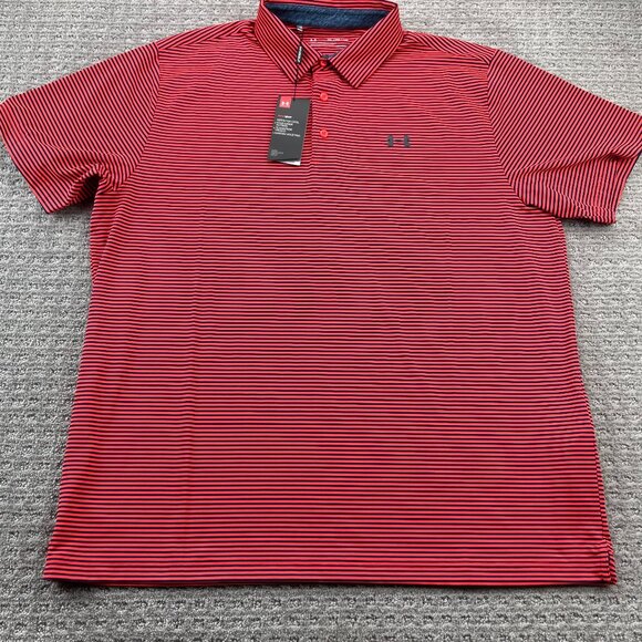 New Under ARMOUR Golf Shirt Men 2XL Neon Orange Navy Blue Stripes Heat Gear NWT - Picture 1 of 15